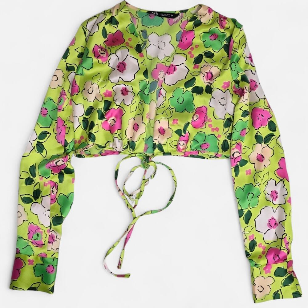 Zara Neon Green Dopamine Fairycore Floral Cottagecore Silk Wrap Top Small